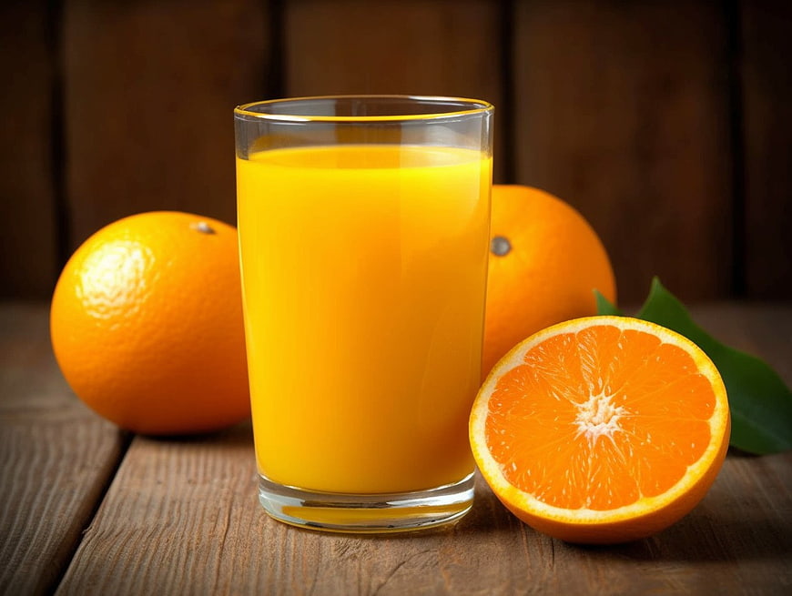 Fresh Orange Juice and Oranges on Rustic Wooden Table