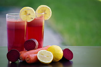 Beetroot Carrot Lemon Juice Glasses With Fresh Vegetables