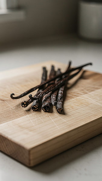 Dried Vanilla Beans on Wooden Cutting Board