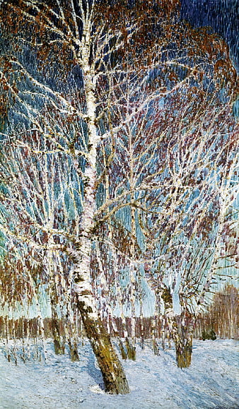 Impressionist painting of birch trees in winter snow