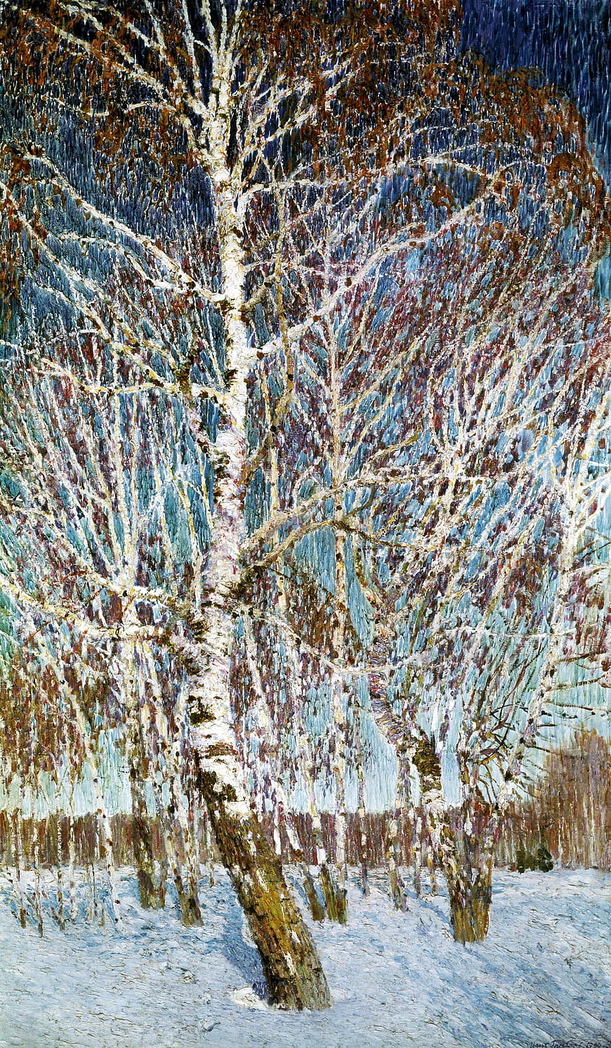 Impressionist painting of birch trees in winter snow