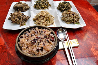 Korean Five Grain Rice Meal With Traditional Side Dishes