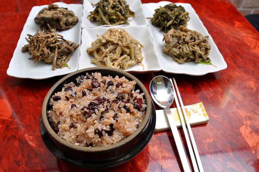 Korean Five Grain Rice Meal With Traditional Side Dishes