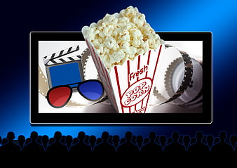 Cinema Concept With Popcorn, 3D Glasses, Clapperboard, And Audience Silhouettes