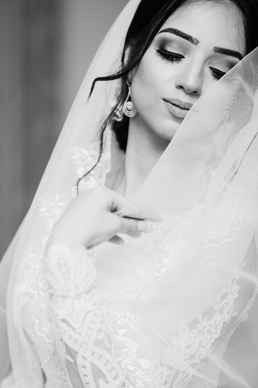Elegant Bride in Lace Veil Black and White Portrait