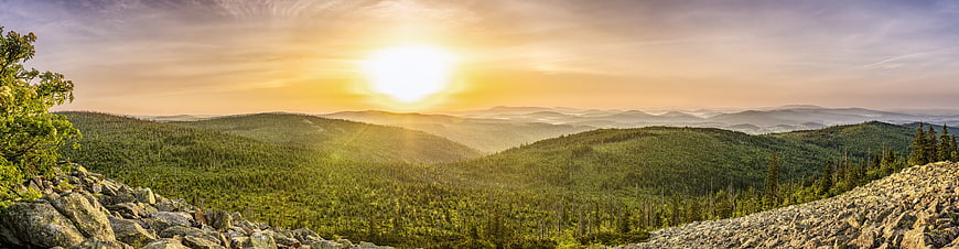 Panoramic Sunrise Over Misty Mountain Forest Landscape