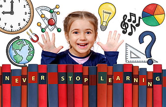 Happy Girl with Books and Educational Icons