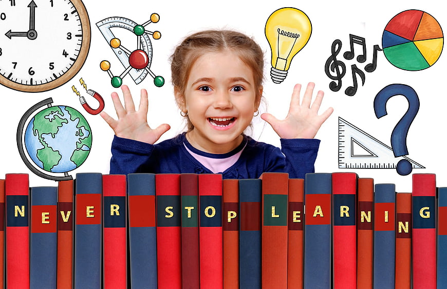 Happy Girl with Books and Educational Icons