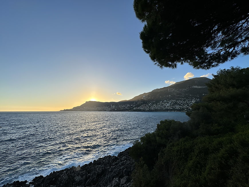 Sunset over coastal town with pine trees and rocky shore