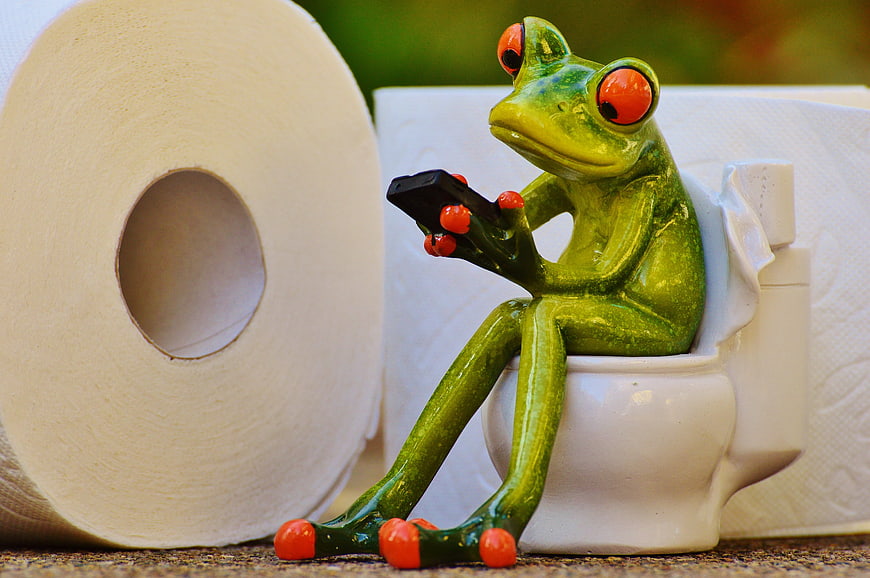 Green Frog Figurine Using Smartphone On Miniature Toilet
