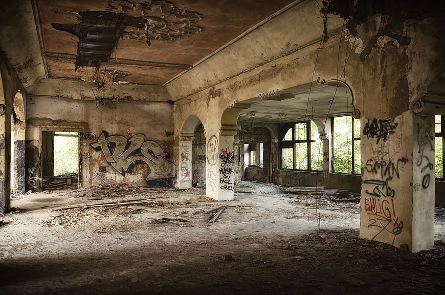 Abandoned Interior with Graffiti and Decay