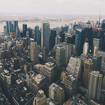 Aerial View of New York City Skyscrapers and Downtown Skyline