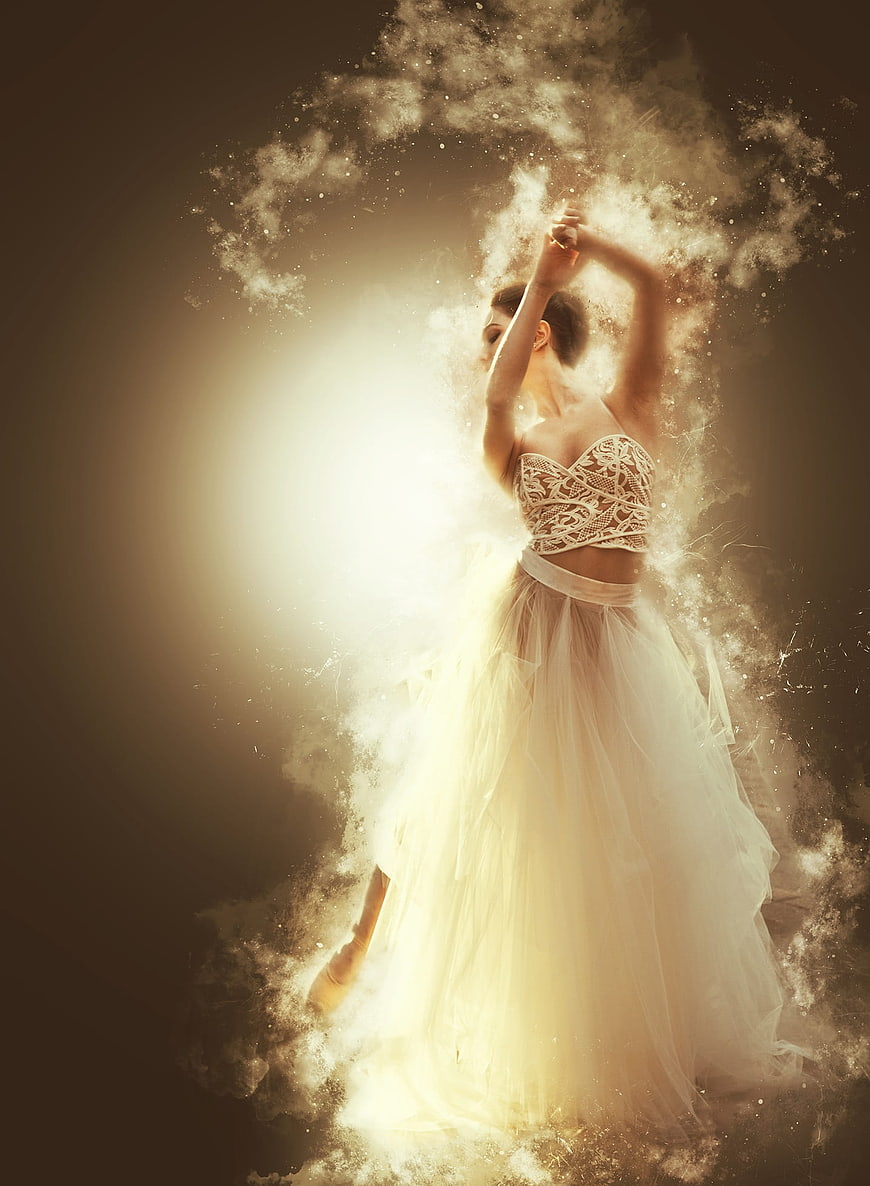 Ethereal Bride in Lace Dress Dissolving into Golden Dust