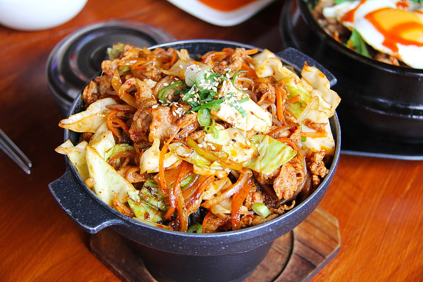 Sizzling Korean Japchae Noodles in Black Stone Pot