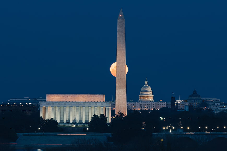 Full Moon Rising Behind Washington Monument at Night