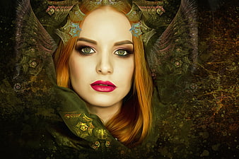Fantasy portrait of a woman with red hair and ornate wings