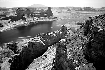 Black and white landscape of Lake Powell rock formations