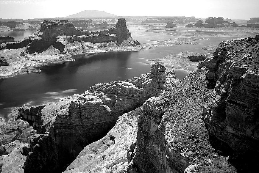 Black and white landscape of Lake Powell rock formations