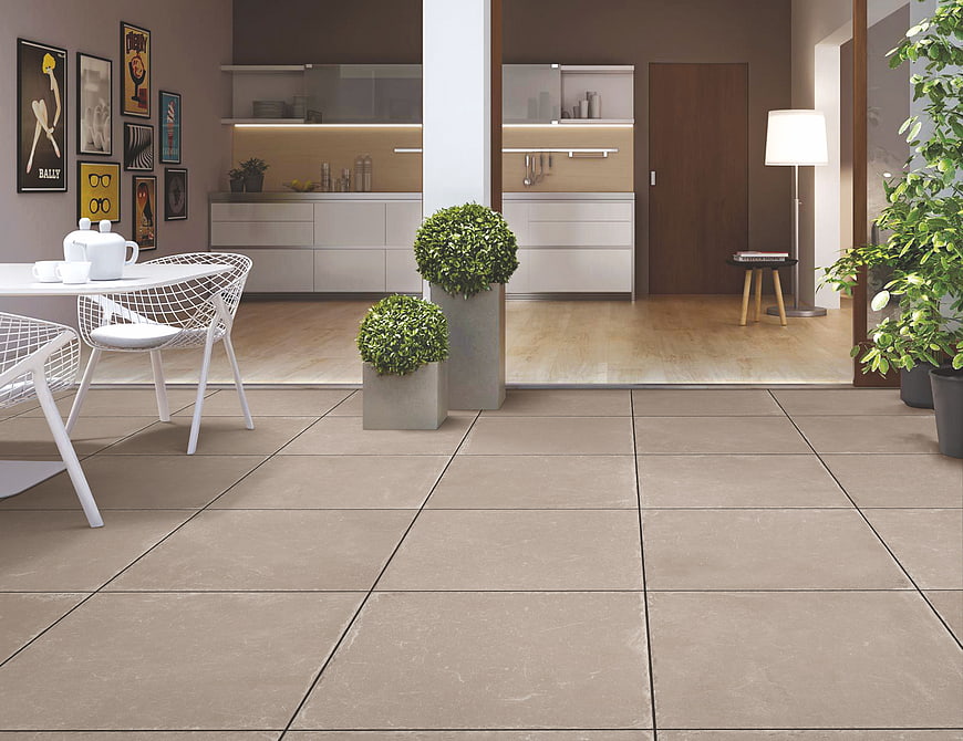 Modern Interior Design With Large Porcelain Floor Tiles And Contemporary Furniture