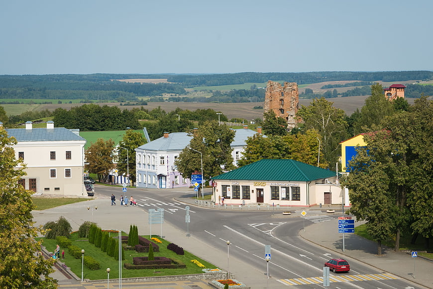 High angle view of Novogrudok town square with castle ruins