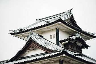 Traditional Japanese Castle Architecture with Snow-Covered Roofs