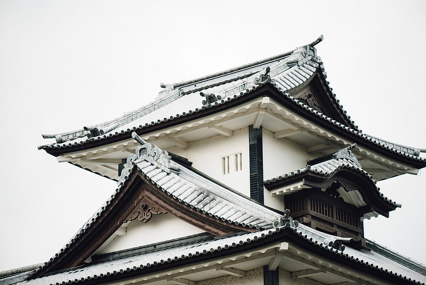 Traditional Japanese Castle Architecture with Snow-Covered Roofs