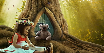 Little girl reading book by magical tree door with teddy bear