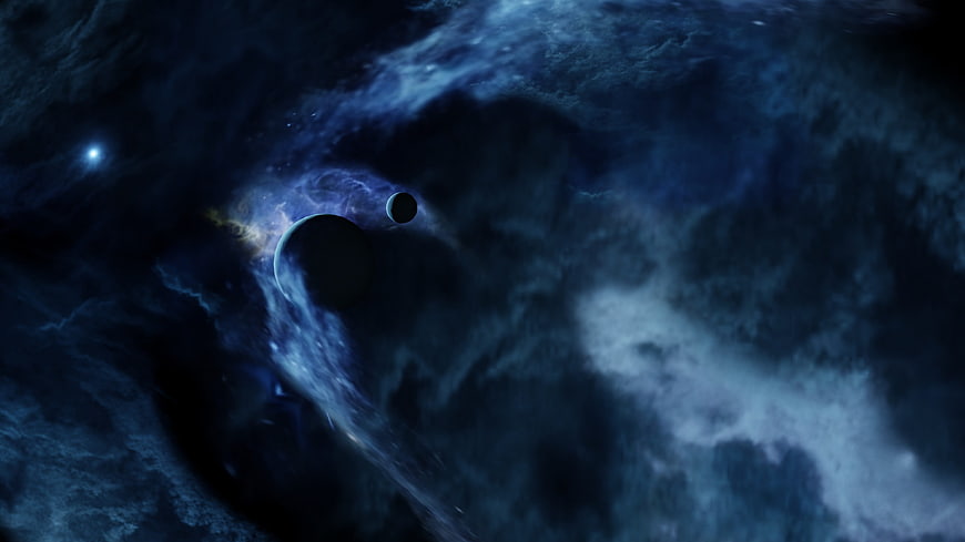 Dark Blue Space Nebula with Planets and Cosmic Dust