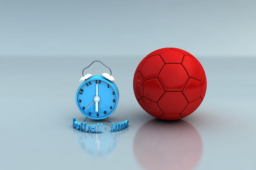 3D Red Soccer Ball and Blue Alarm Clock Concept