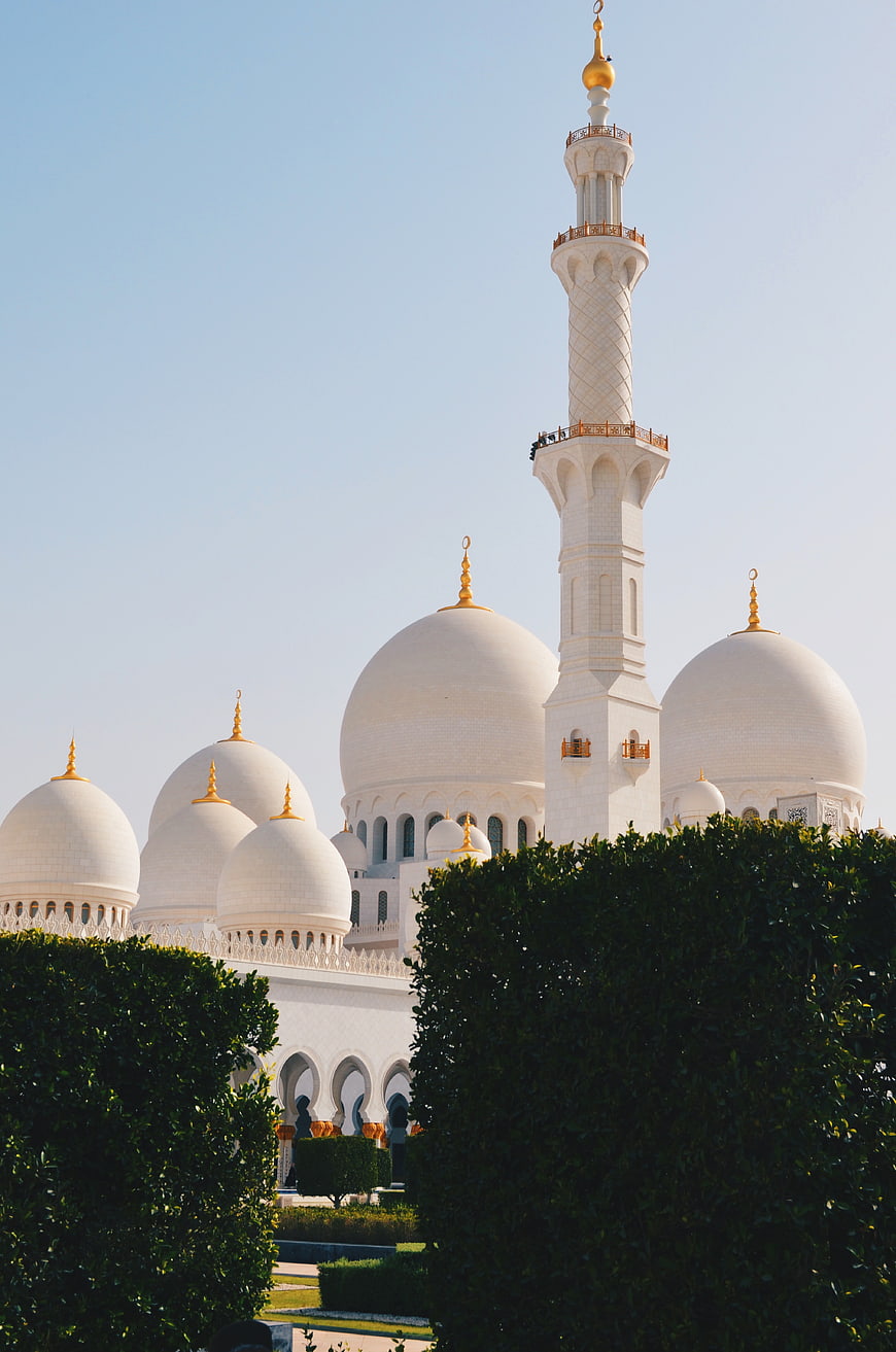 White Mosque with Golden Domes and Minaret