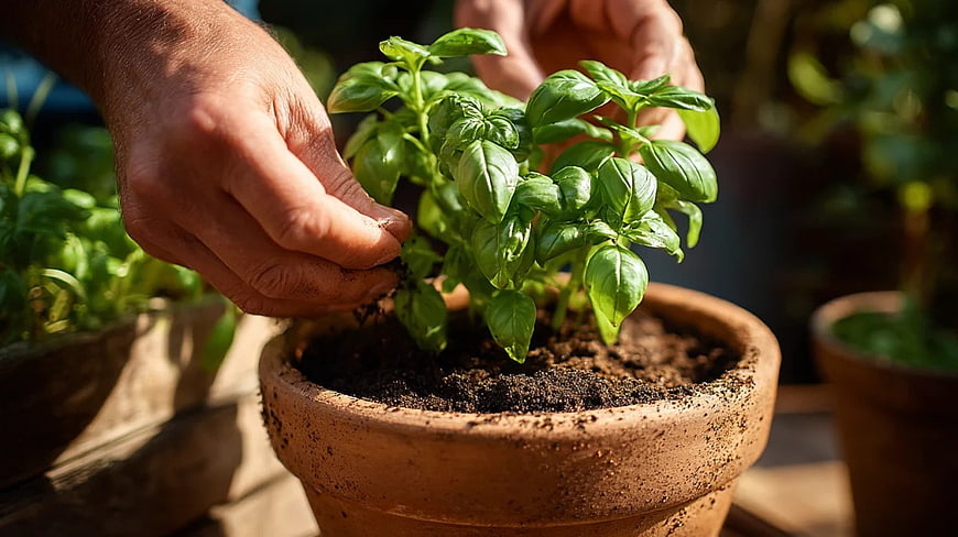 Hands Planting Fresh Basil in Terracotta Pot