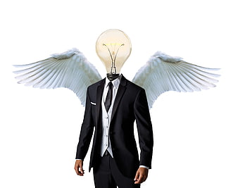 Businessman with lightbulb head and angel wings on white background