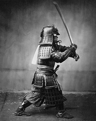 Samurai Warrior in Full Armor Holding Katana in Black and White