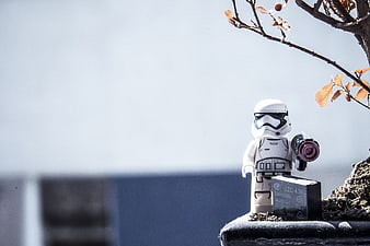 Lego Stormtrooper Minifigure on Outdoor Balcony with Tree Branch