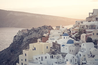 Santorini Oia Village Sunset View with Blue Domes