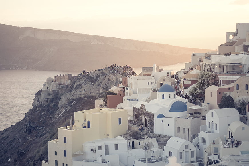 Santorini Oia Village Sunset View with Blue Domes
