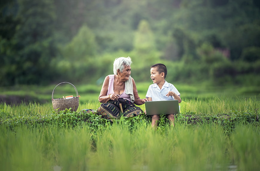Grandmother and grandson using laptop in rice field