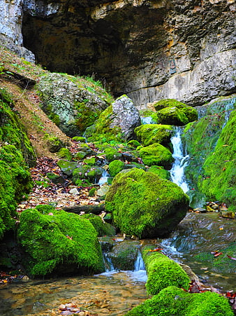 Mossy waterfall in a rocky cave canyon
