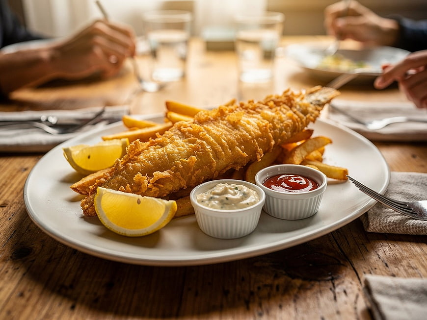 Crispy Fish and Chips with Lemon and Sauces on Wooden Table