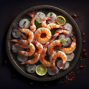 Top View of Cooked Shrimp and Scallops on Dark Plate