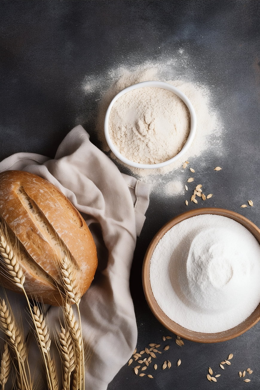 Artisan bread, flour, and wheat on dark background