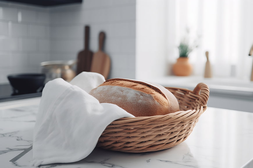 Fresh artisan bread loaf in wicker basket on marble kitchen counter