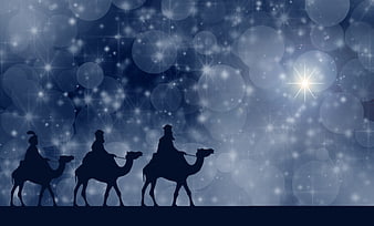 Silhouette of Three Wise Men on Camels Under Starry Night Sky