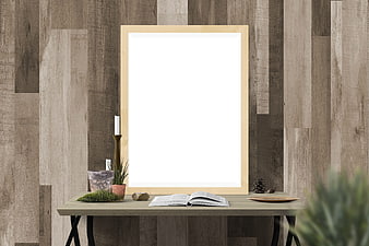 Wooden Picture Frame Mockup on Desk with Book and Plants