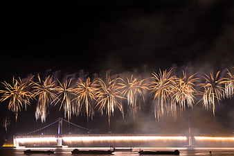 Golden Fireworks Display Over Illuminated Suspension Bridge At Night