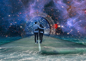 Couple walking toward a futuristic stargate in a cosmic ocean