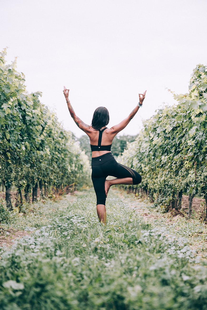Woman Practicing Yoga Tree Pose in Vineyard
