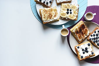 Top View of Banana and Blueberry Waffles with Coffee