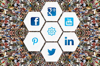 Social Media Icons Hexagon Layout Over Global People Mosaic Background