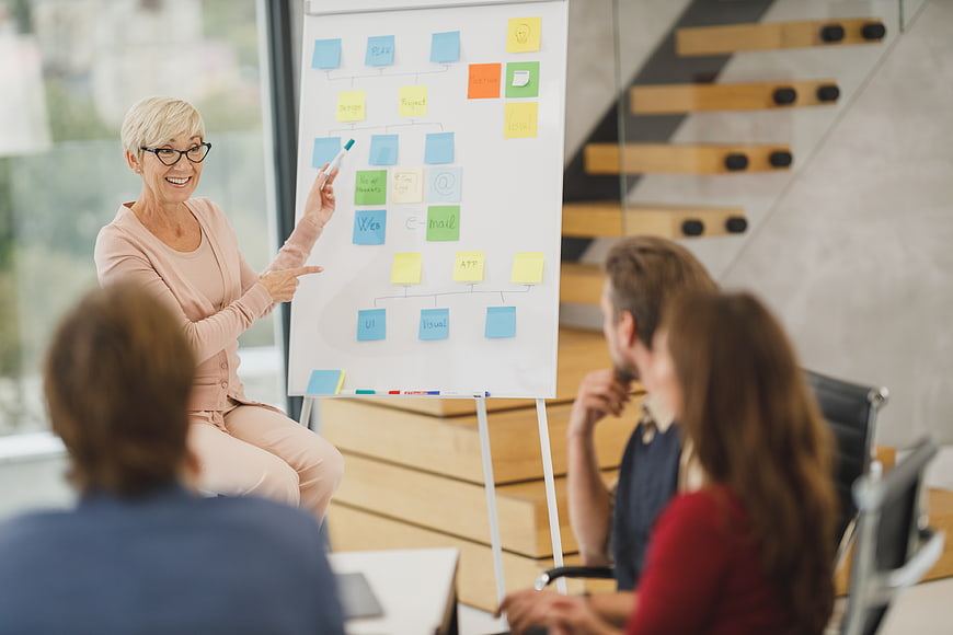 Senior woman presenting strategy with sticky notes to team